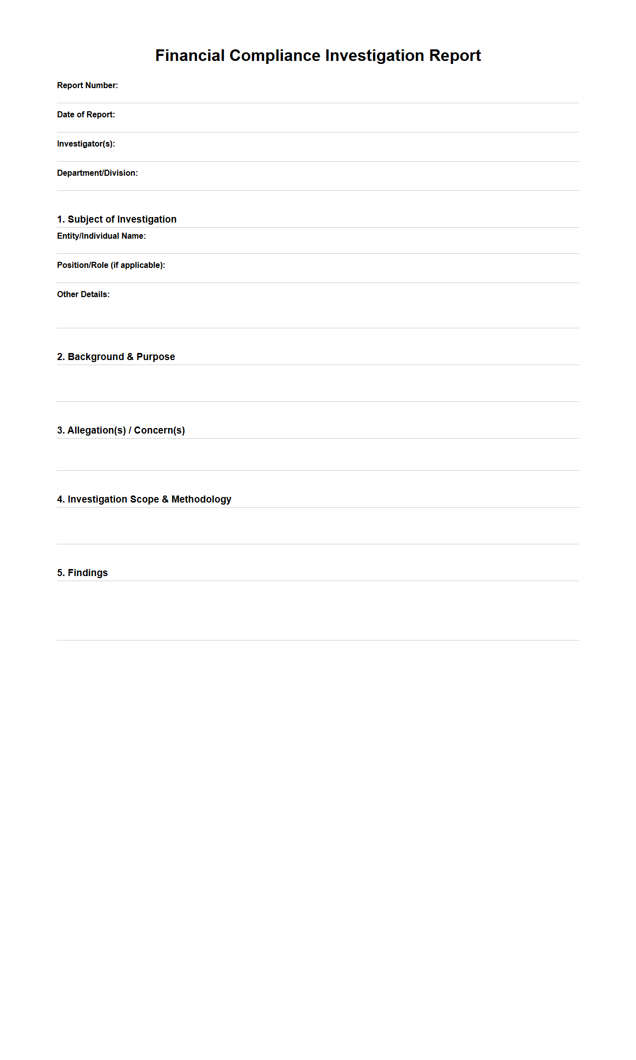 Blank Financial Compliance Investigation Report Template