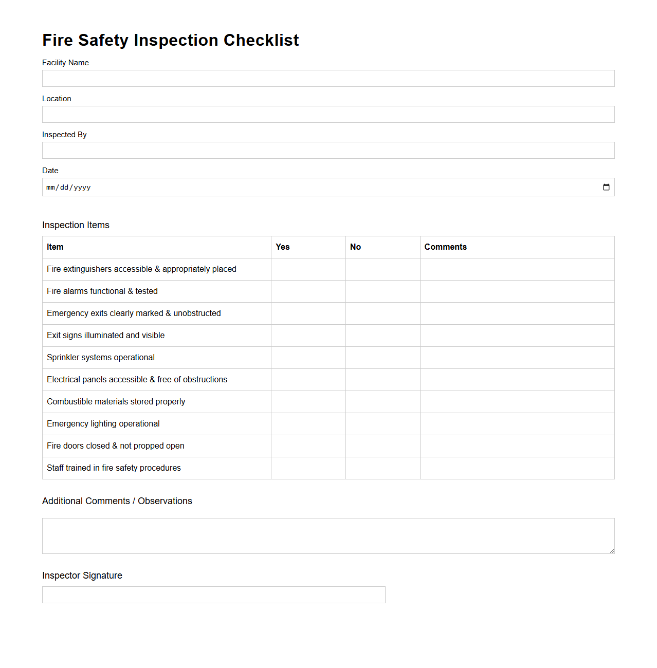 Blank Fire Safety Inspection Checklist Template