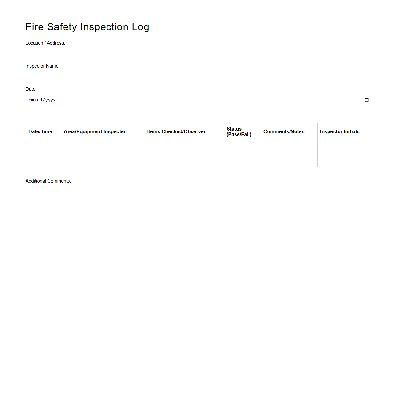 Blank Fire Safety Inspection Log Template