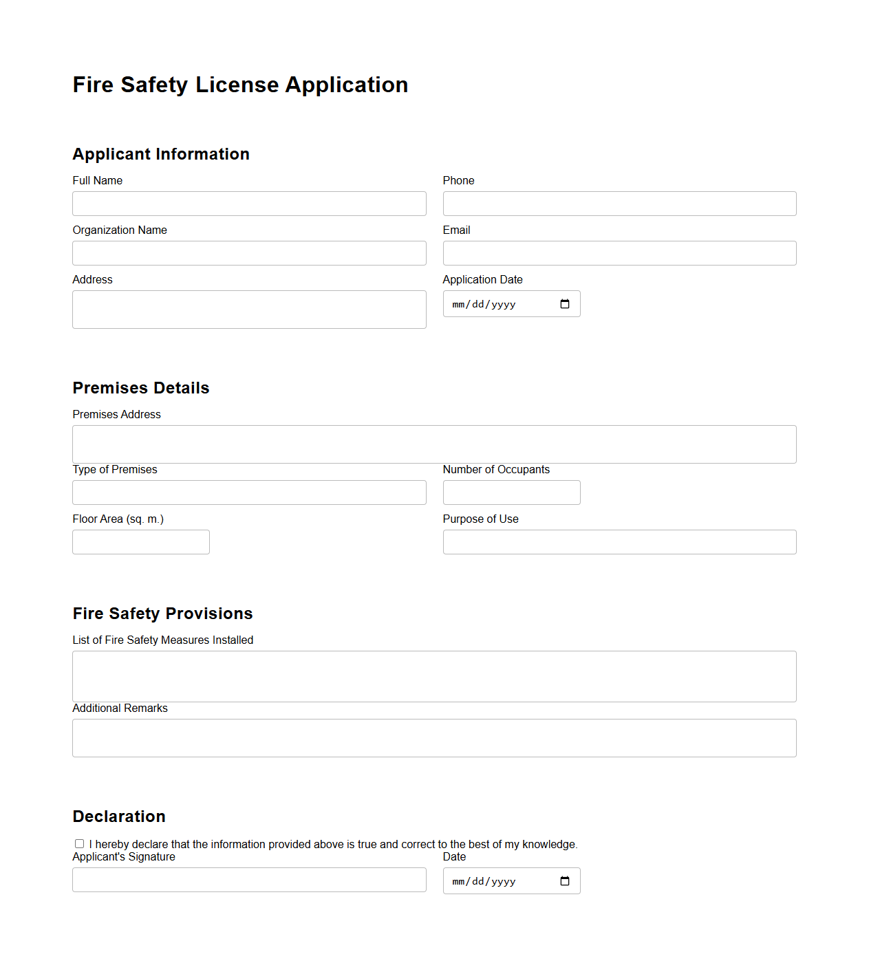 Blank Fire Safety License Application Template