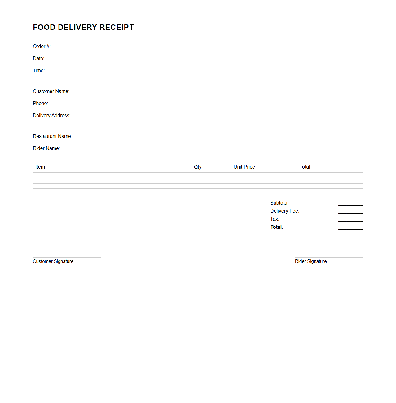 Blank Food Delivery Receipt Template for Orders