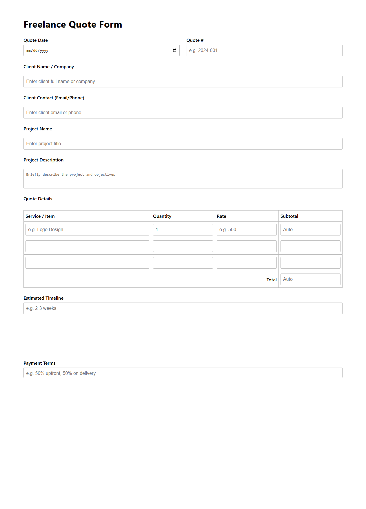 Blank Freelance Quote Form for Creative Projects