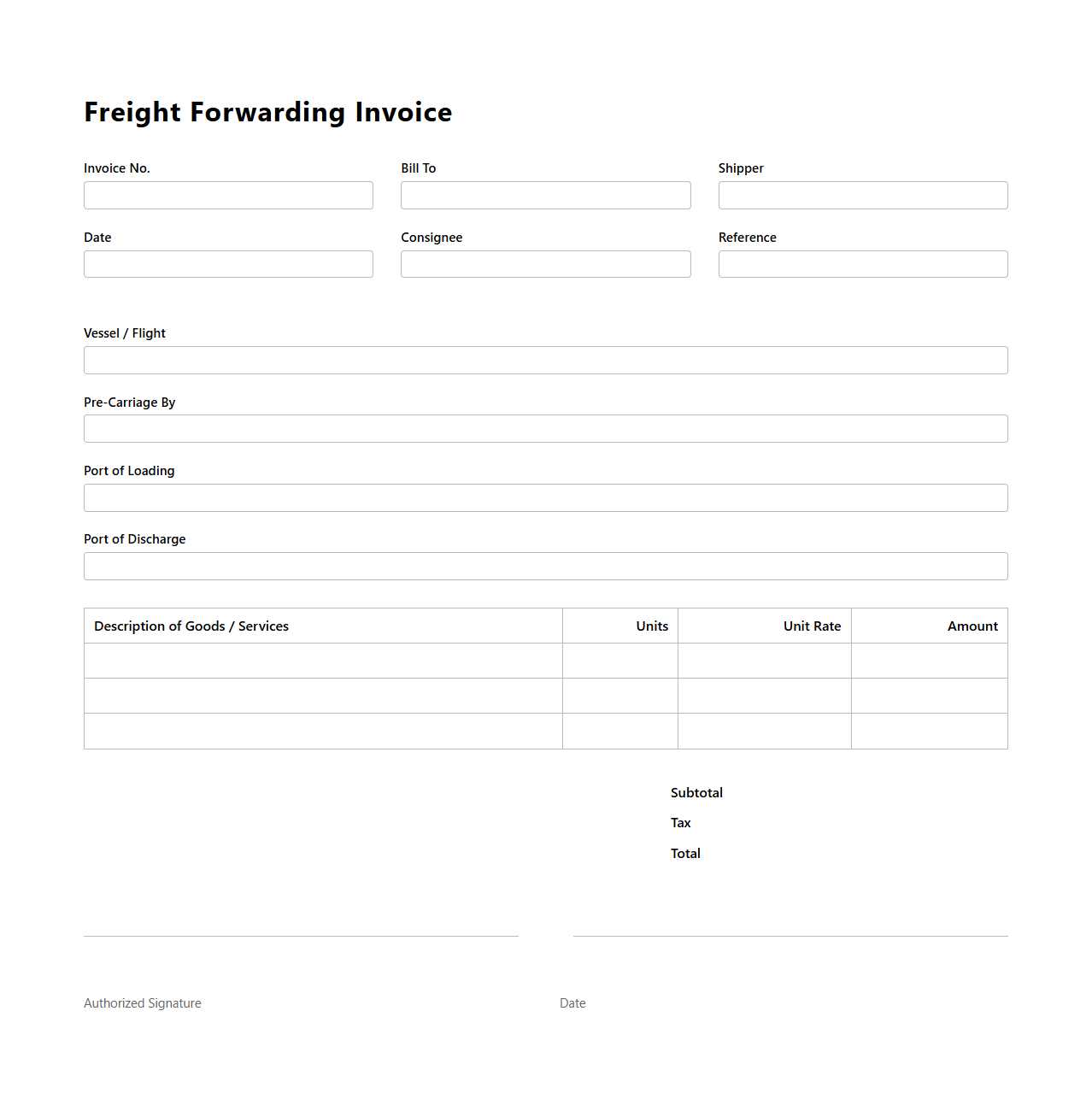 Blank Freight Forwarding Invoice Template