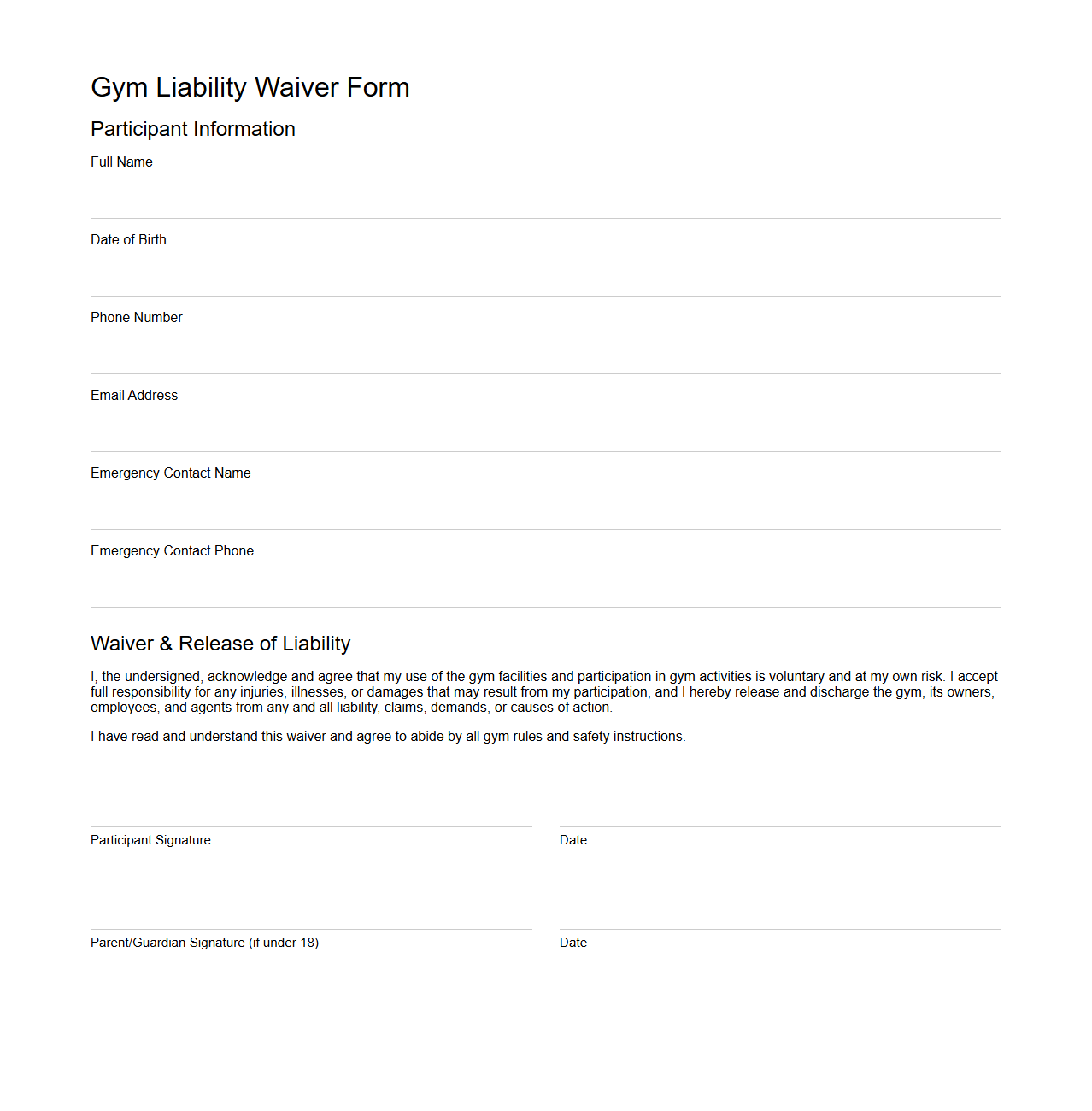 Blank Gym Liability Waiver Form Template
