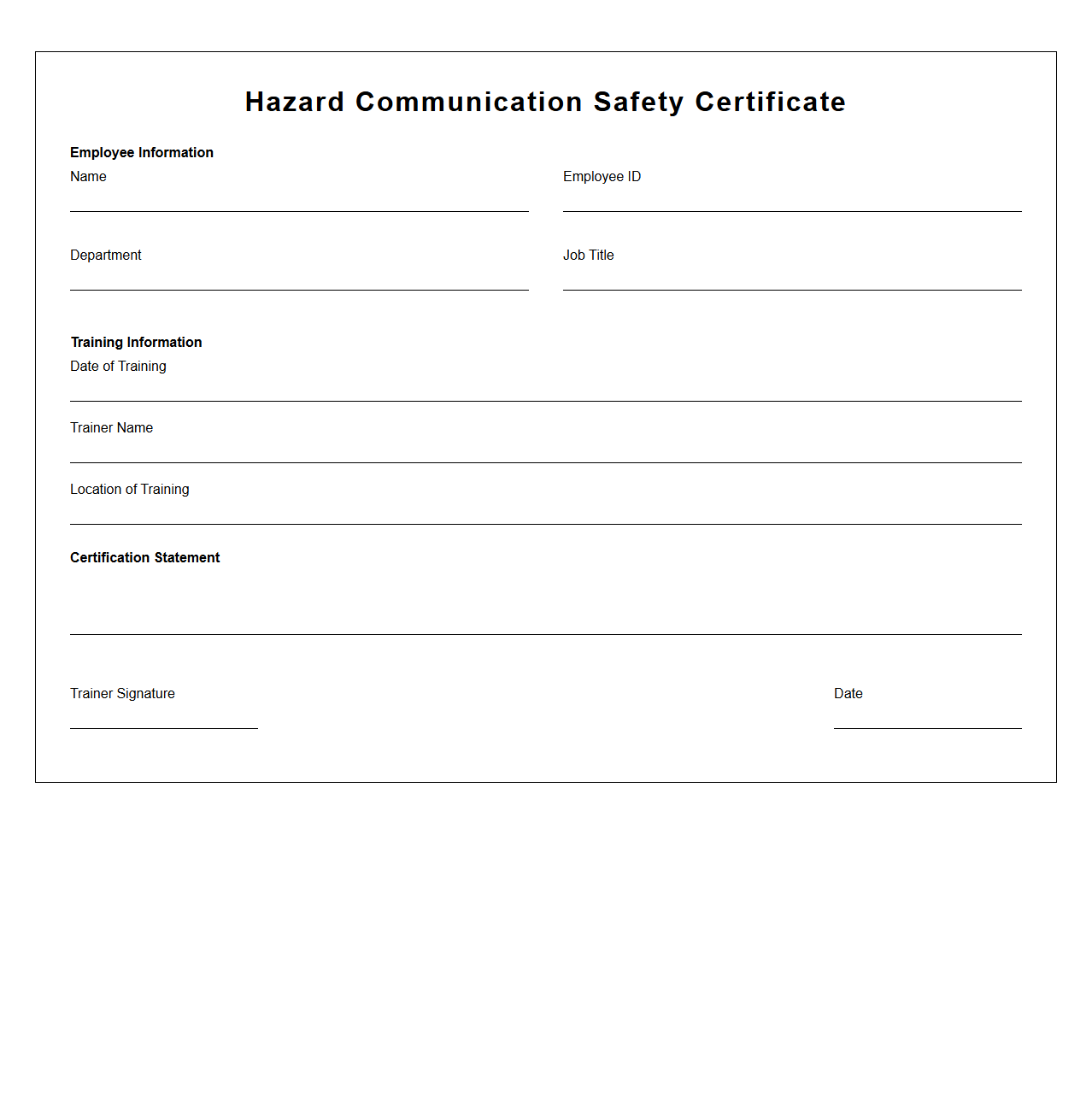 Blank Hazard Communication Safety Certificate Template