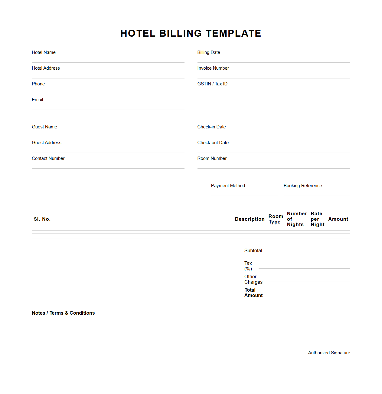 Blank Hotel Billing Template for Accommodation Services