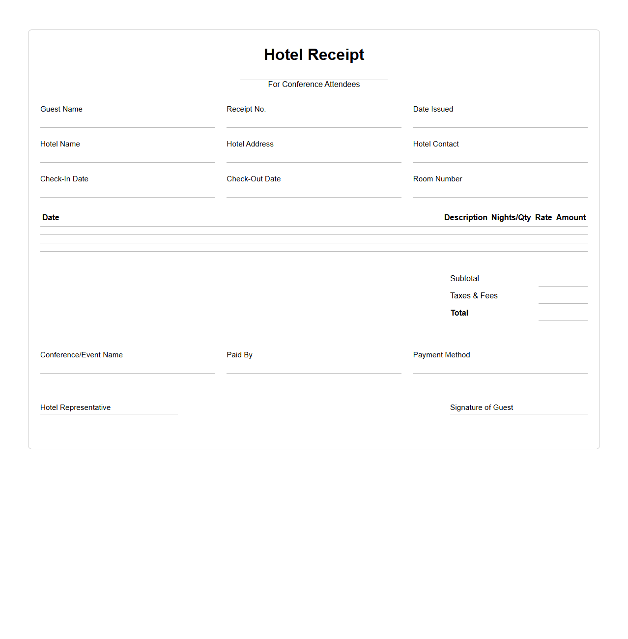 Blank Hotel Receipt Template for Conference Attendees