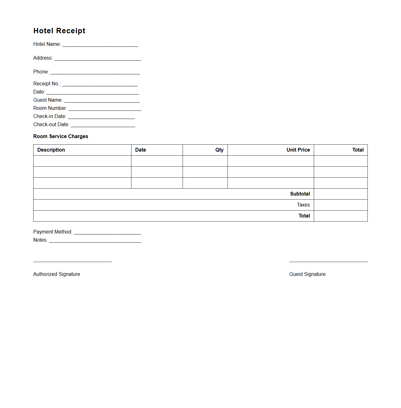 Blank Hotel Receipt Template for Room Service Charges