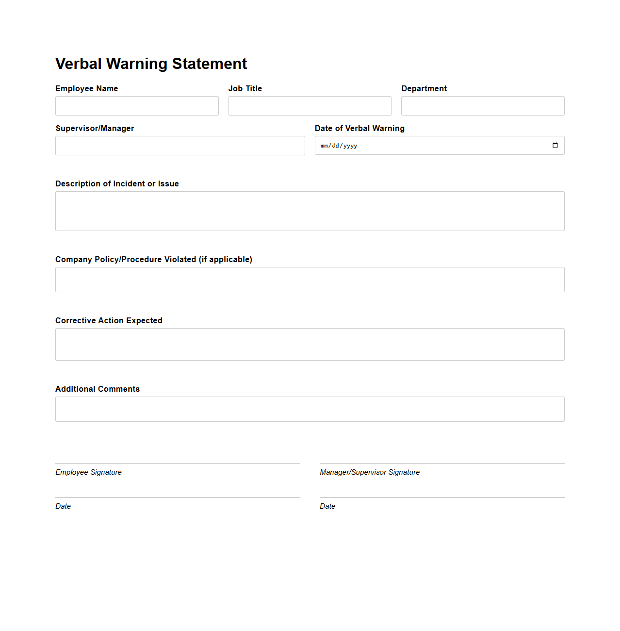Blank HR Verbal Warning Statement Template