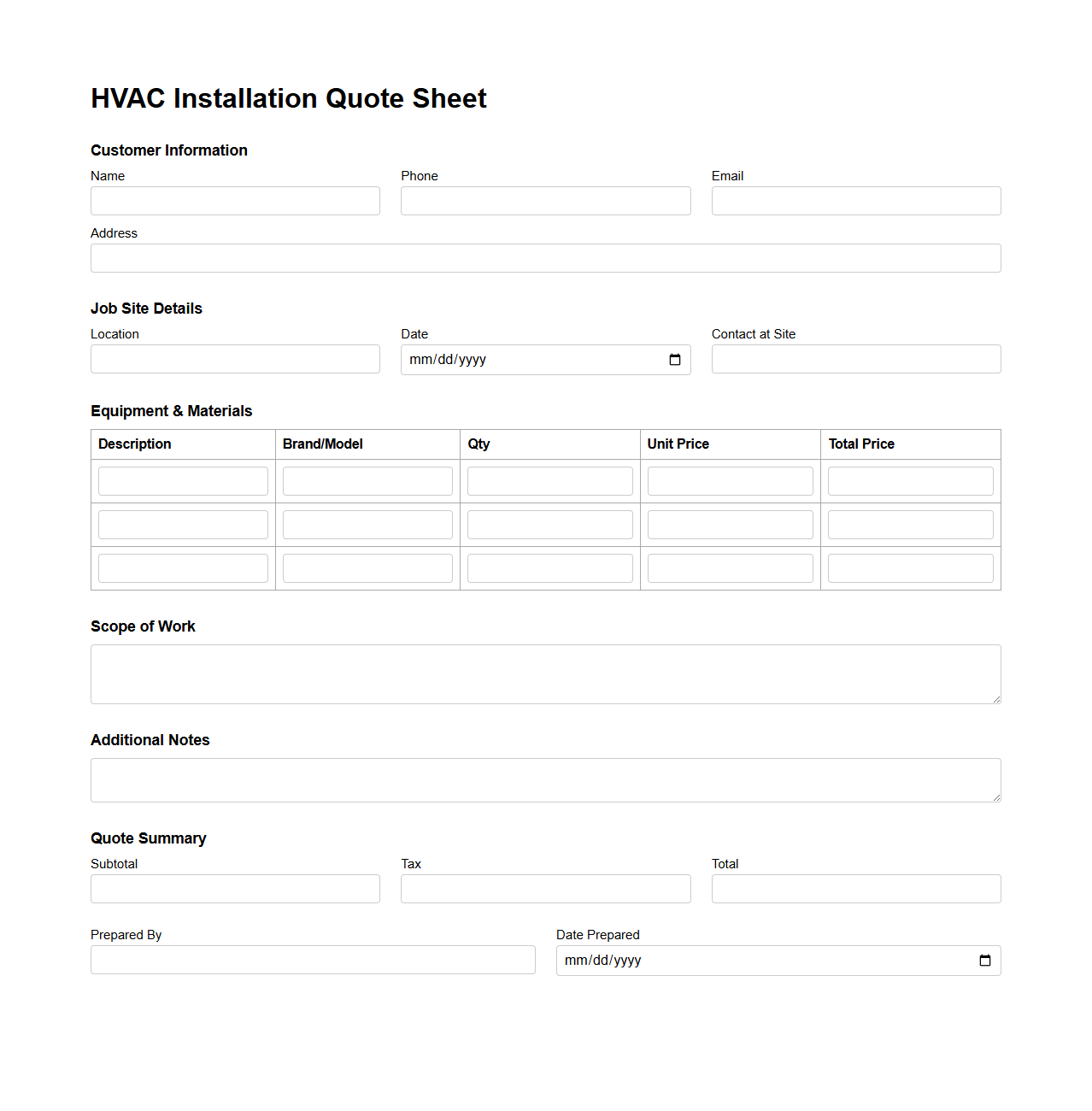 Blank HVAC Installation Quote Sheet