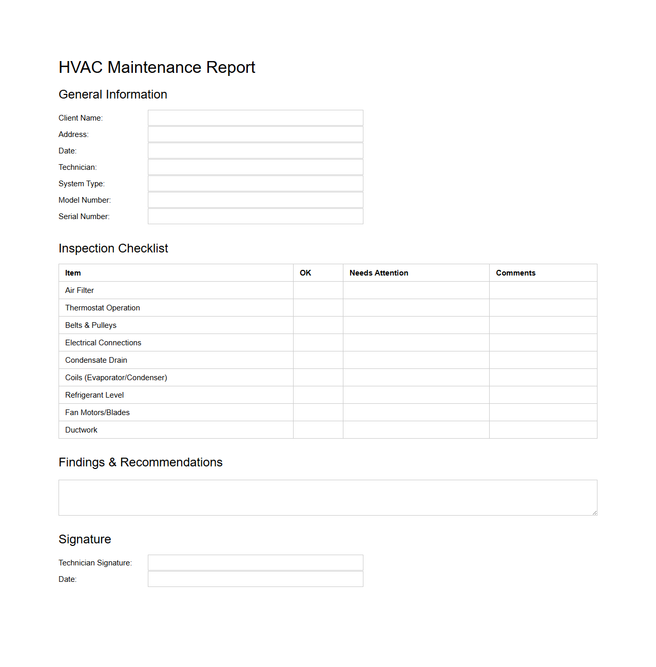 Blank HVAC Maintenance Report Template