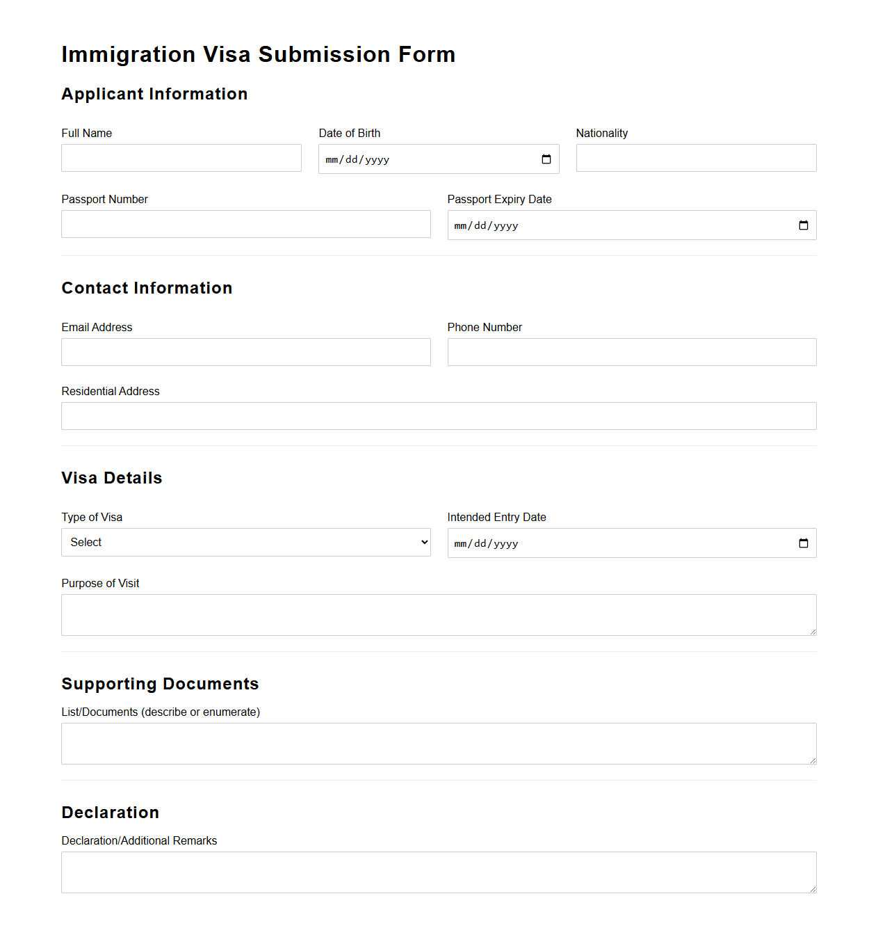 Blank Immigration Visa Submission Template