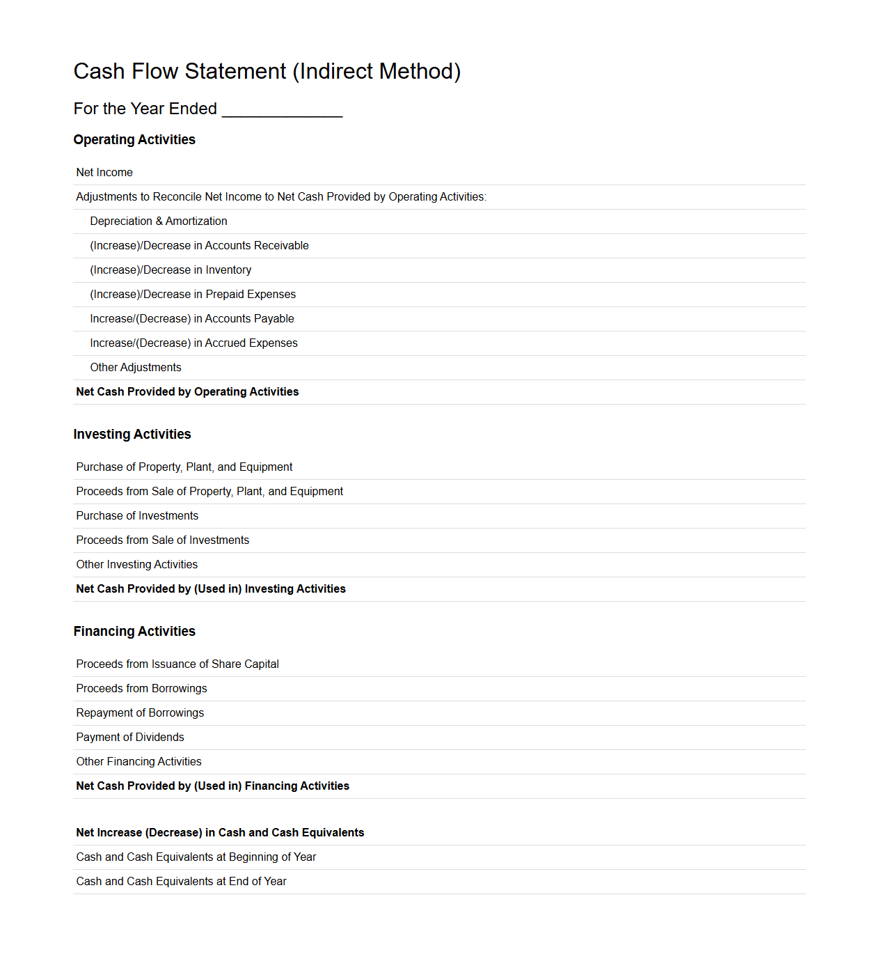 Blank Indirect Method Cash Flow Statement Template