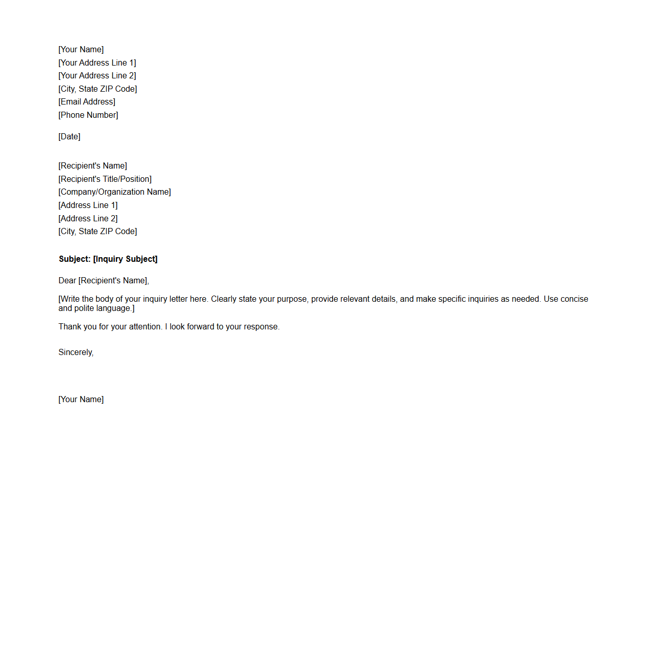 Blank Inquiry Letter Template