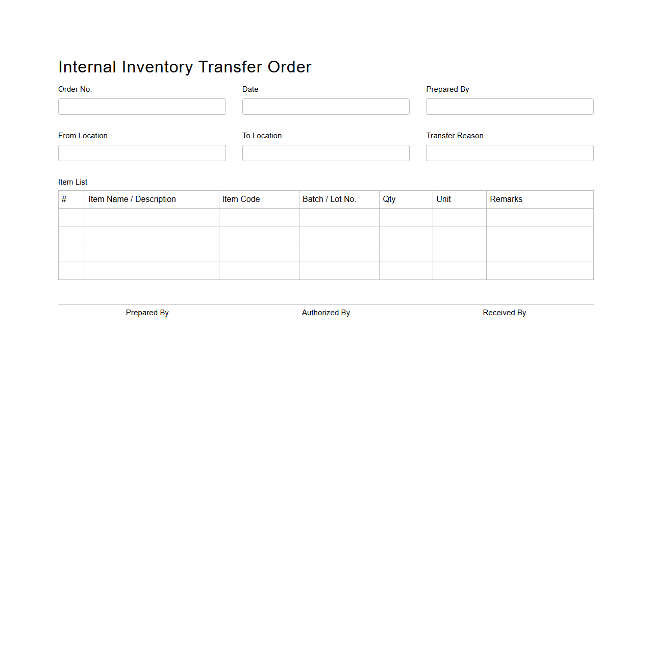 Blank Internal Inventory Transfer Order Template
