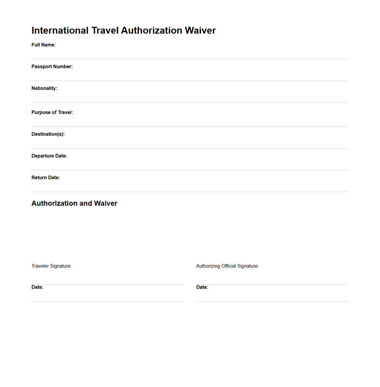 Blank International Travel Authorization Waiver