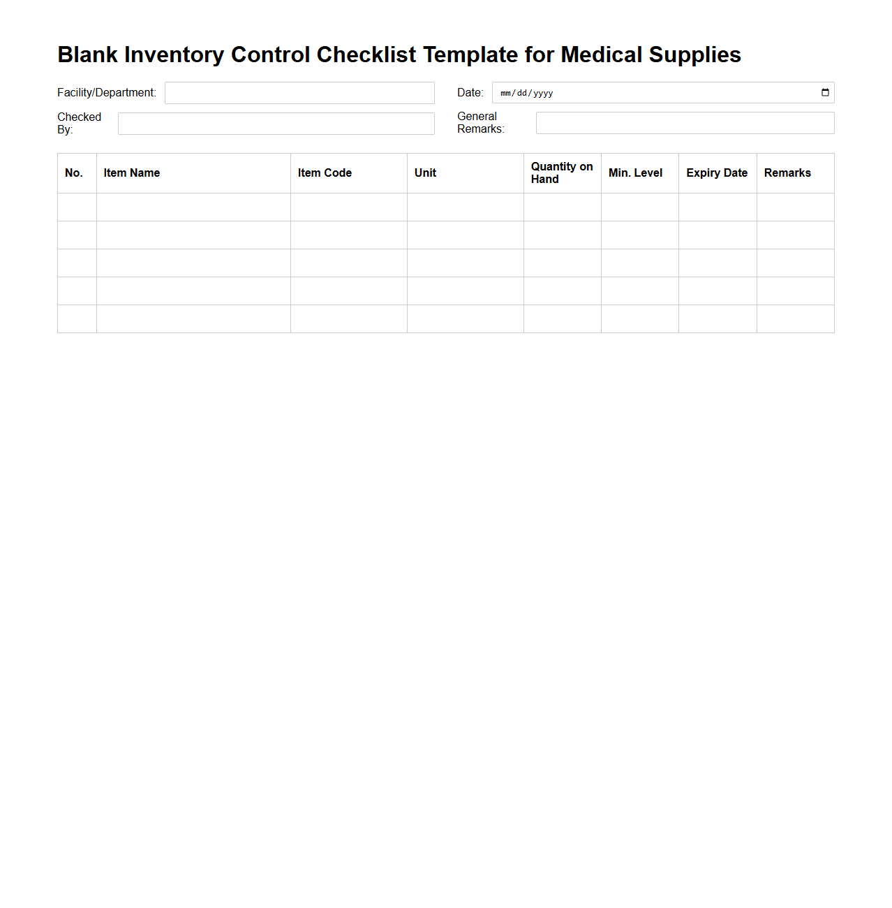 Blank Inventory Control Checklist Template for Medical Supplies