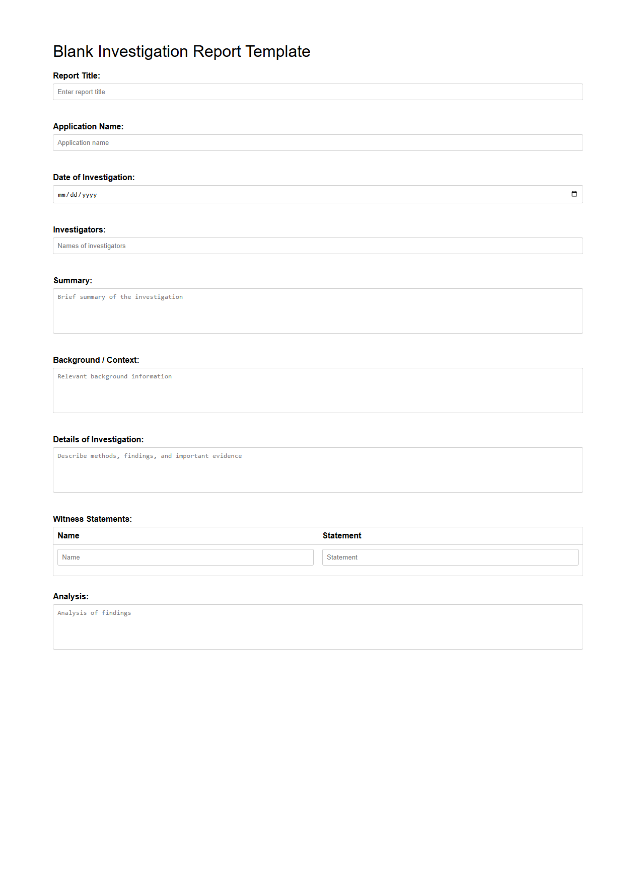 Blank Investigation Report Template for Applications