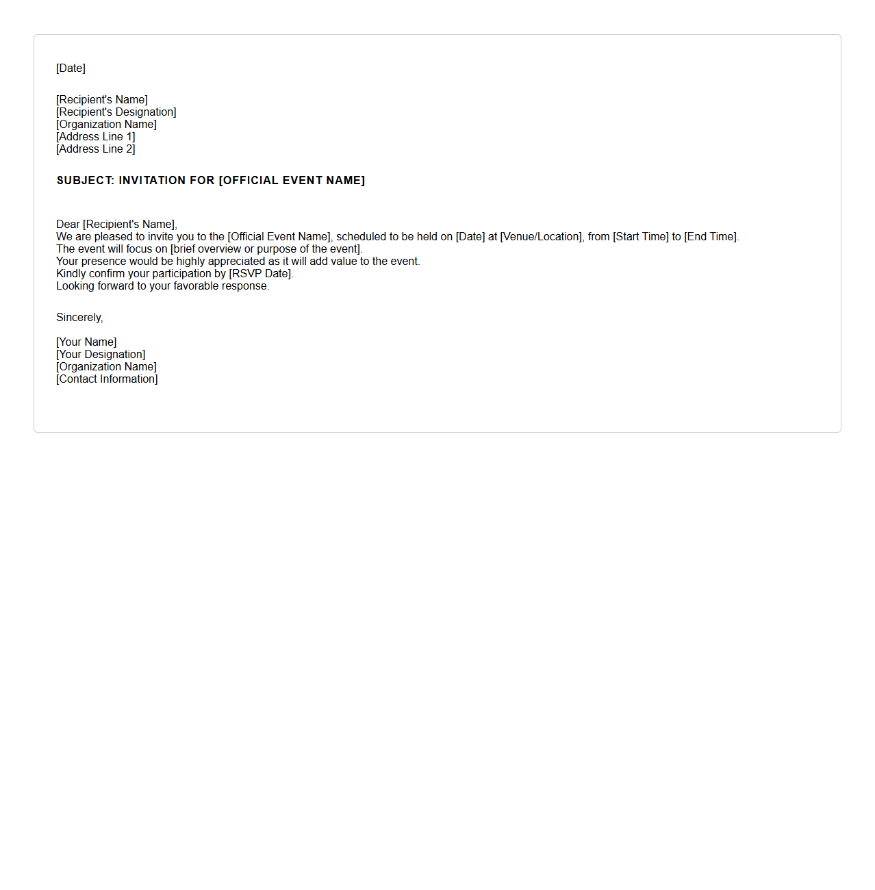 Blank Invitation Letter for Official Events