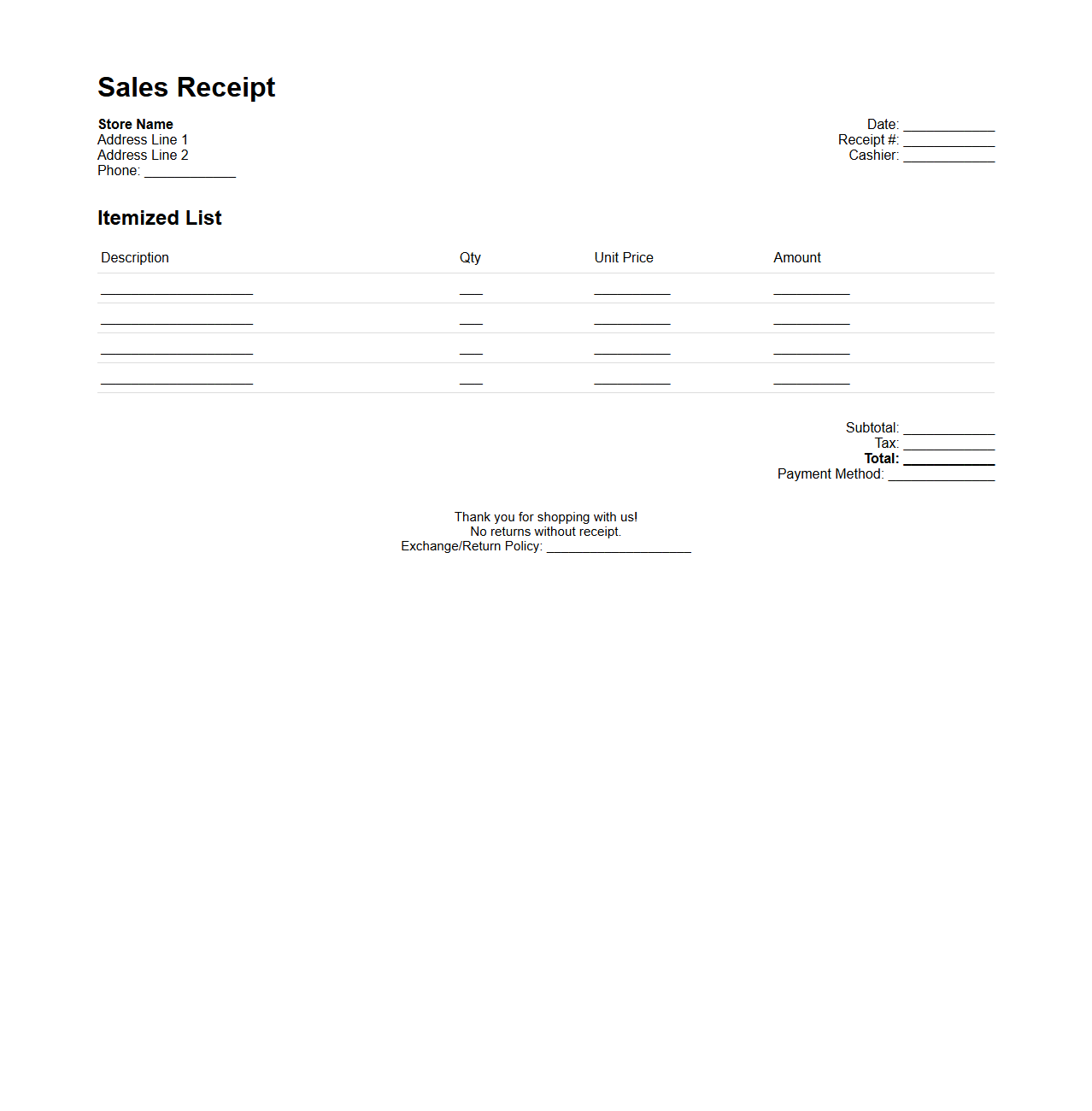 Blank Itemized Sales Receipt for Retail