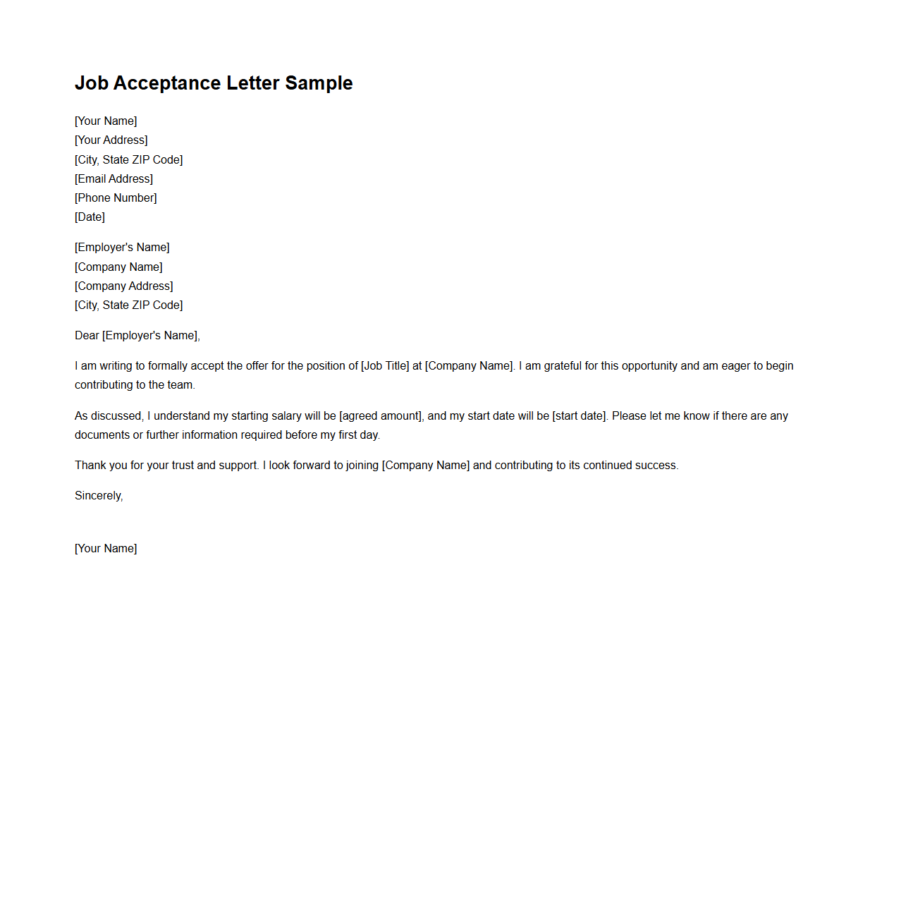 Blank Job Acceptance Letter Sample