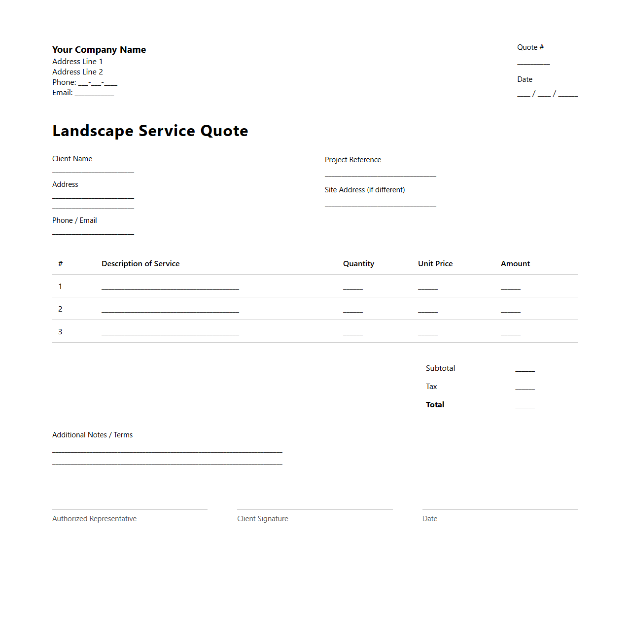 Blank Landscape Service Quote Template