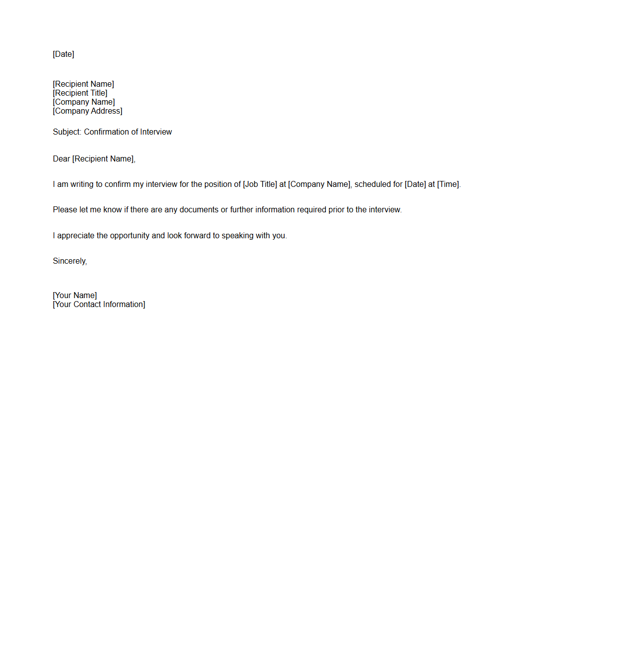 Blank Letter Template for Confirmation of Interview
