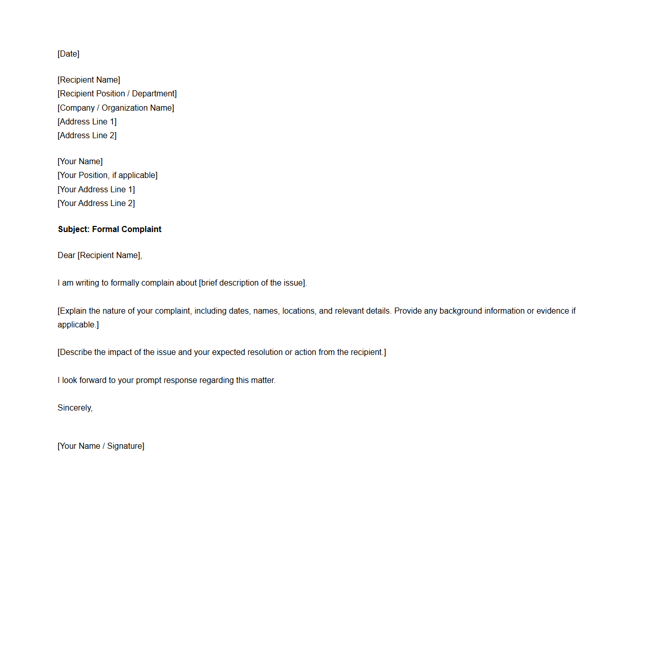 Blank Letter Template for Formal Complaint