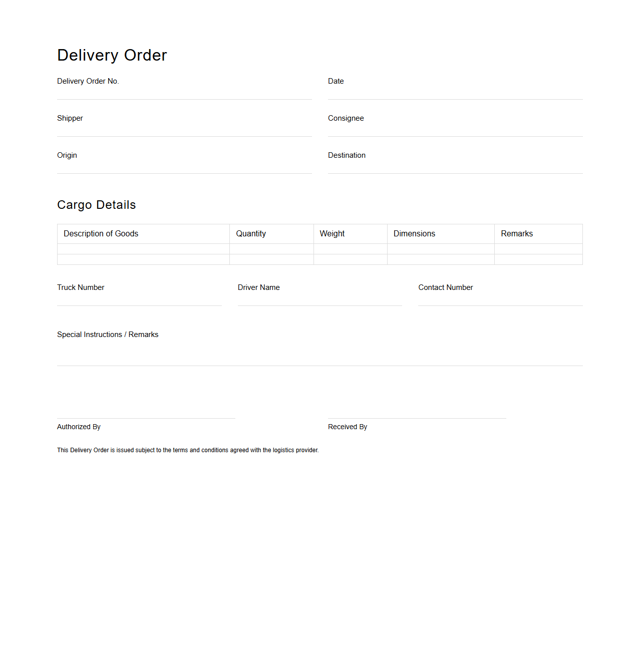 Blank Logistics Delivery Order Sample