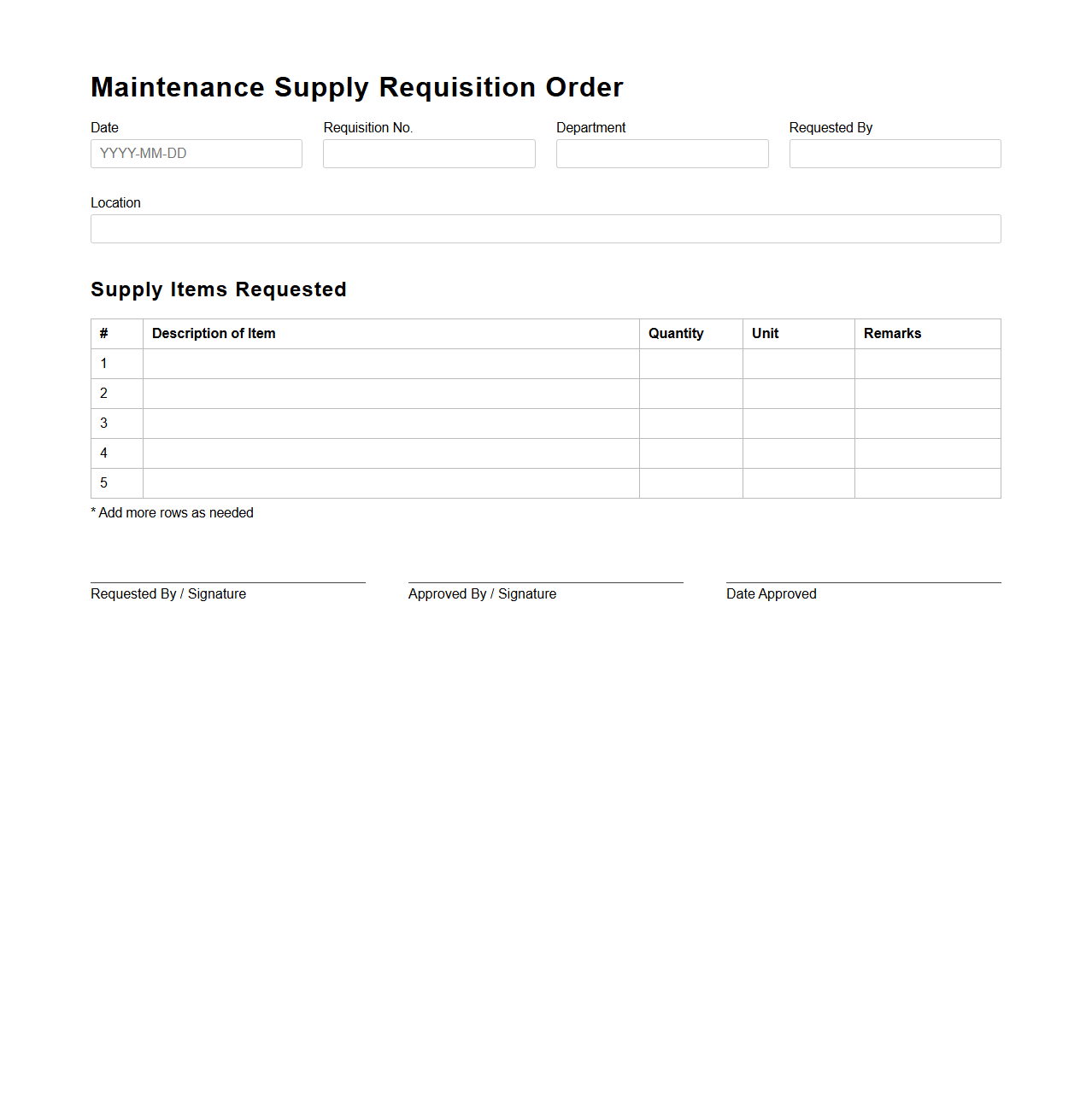 Blank Maintenance Supply Requisition Order Template