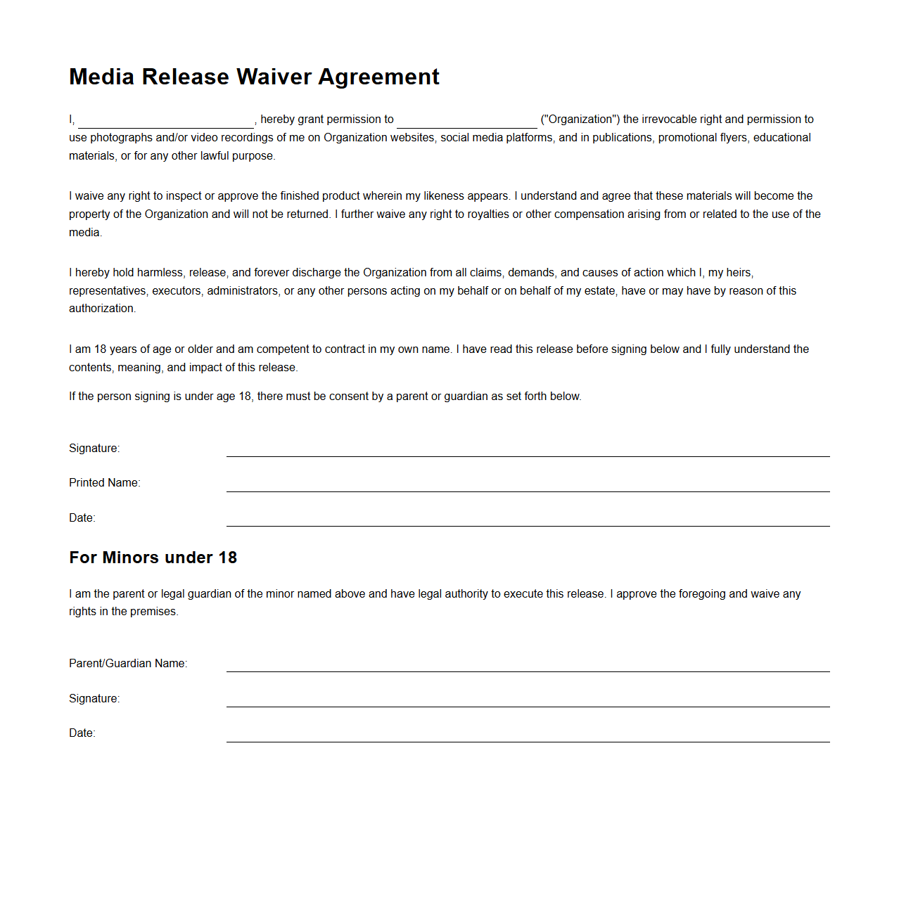 Blank Media Release Waiver Agreement
