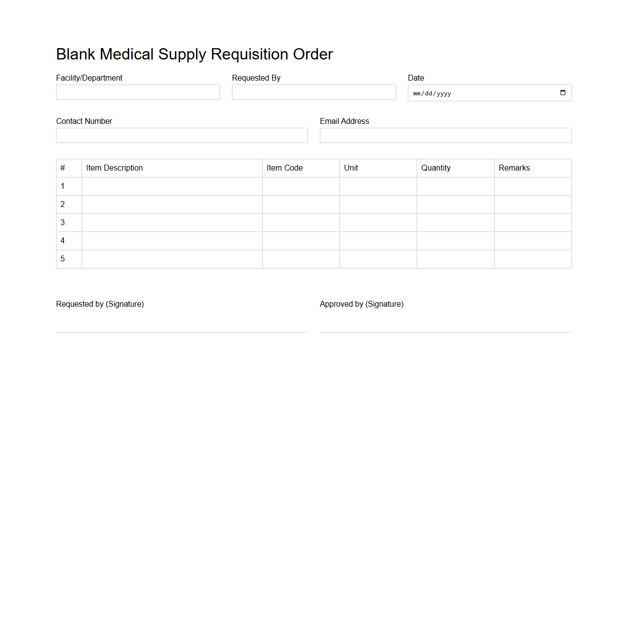 Blank Medical Supply Requisition Order Template