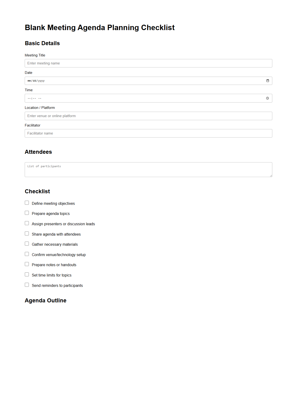 Blank Meeting Agenda Planning Checklist