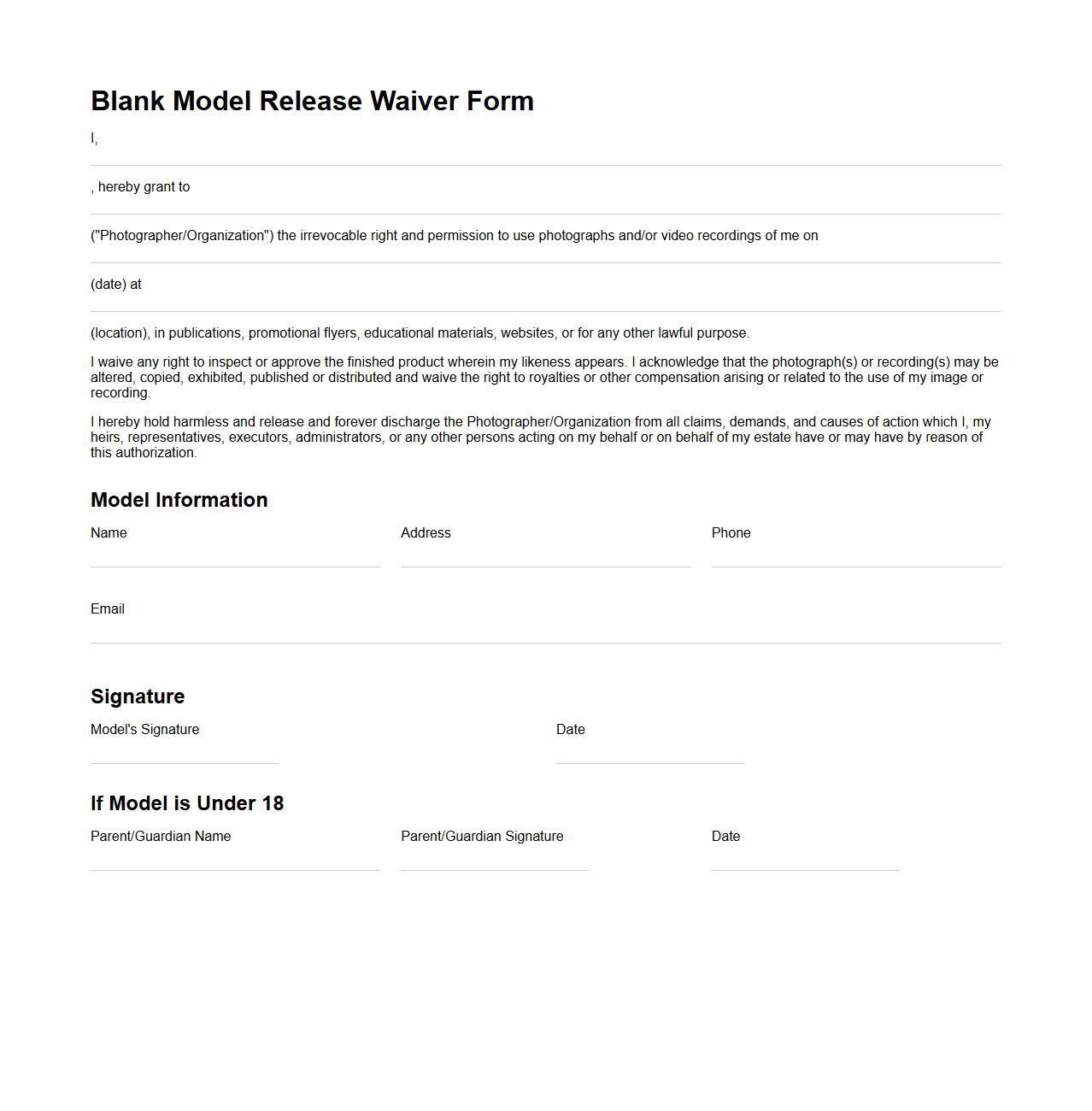 Blank Model Release Waiver Form