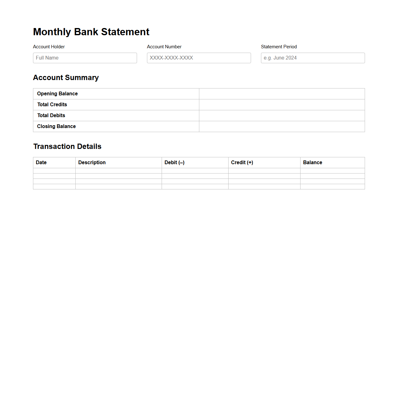 Blank Monthly Bank Statement Template for Budgeting