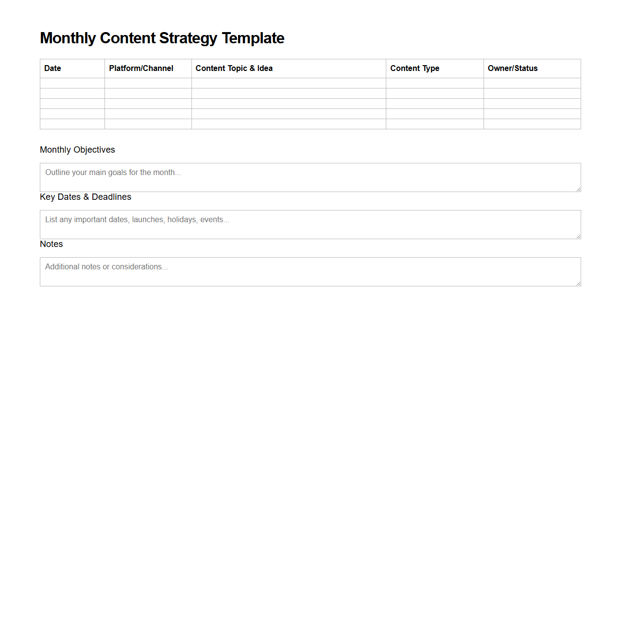 Blank Monthly Content Strategy Template