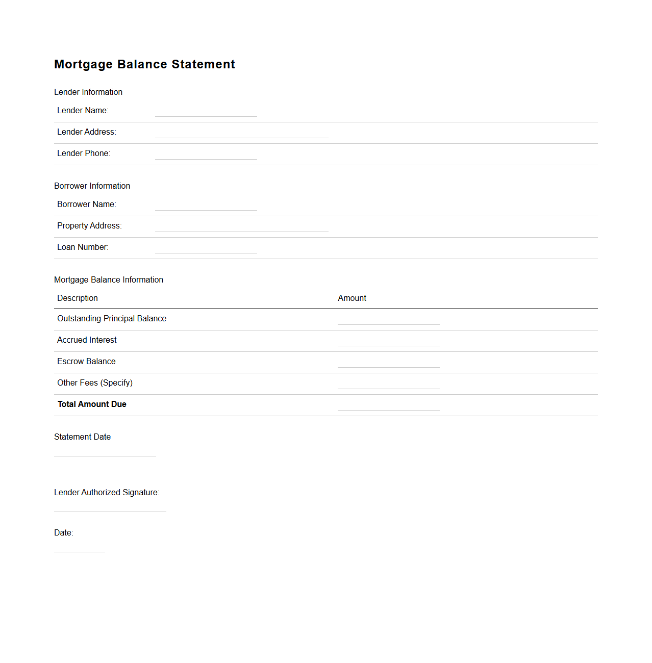 Blank Mortgage Balance Statement Template