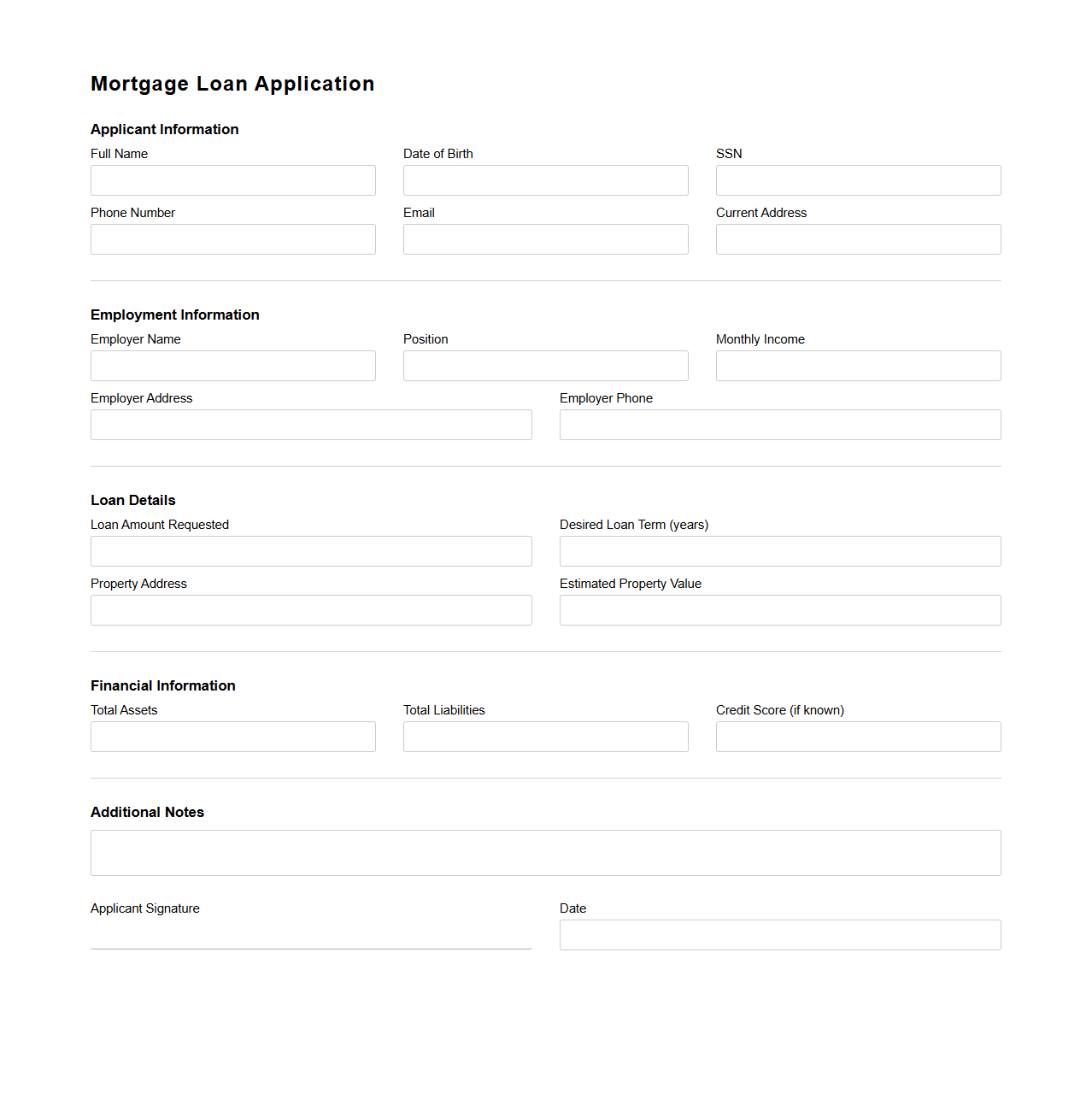 Blank Mortgage Loan Application Sheet for Lenders