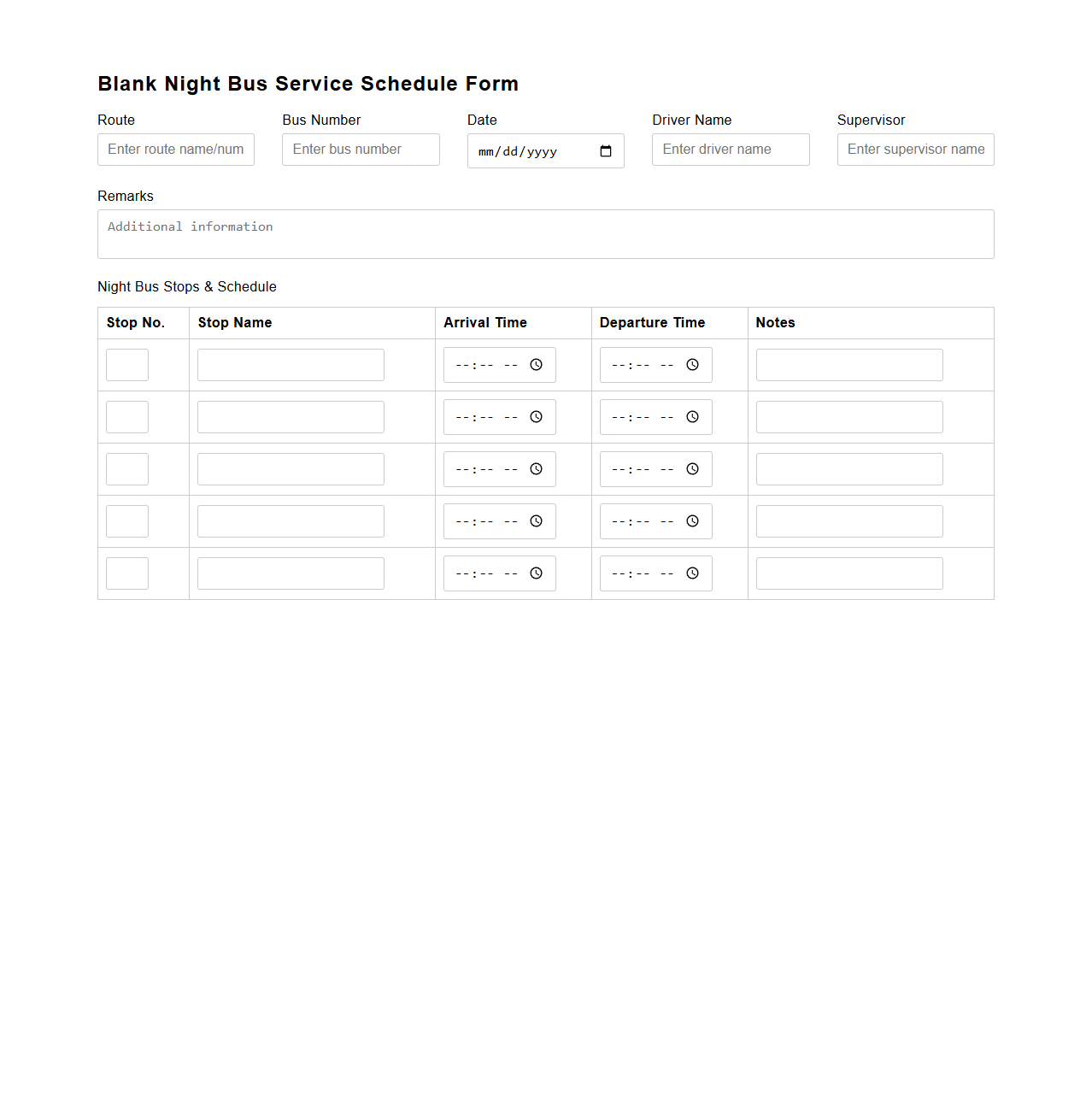Blank Night Bus Service Schedule Form