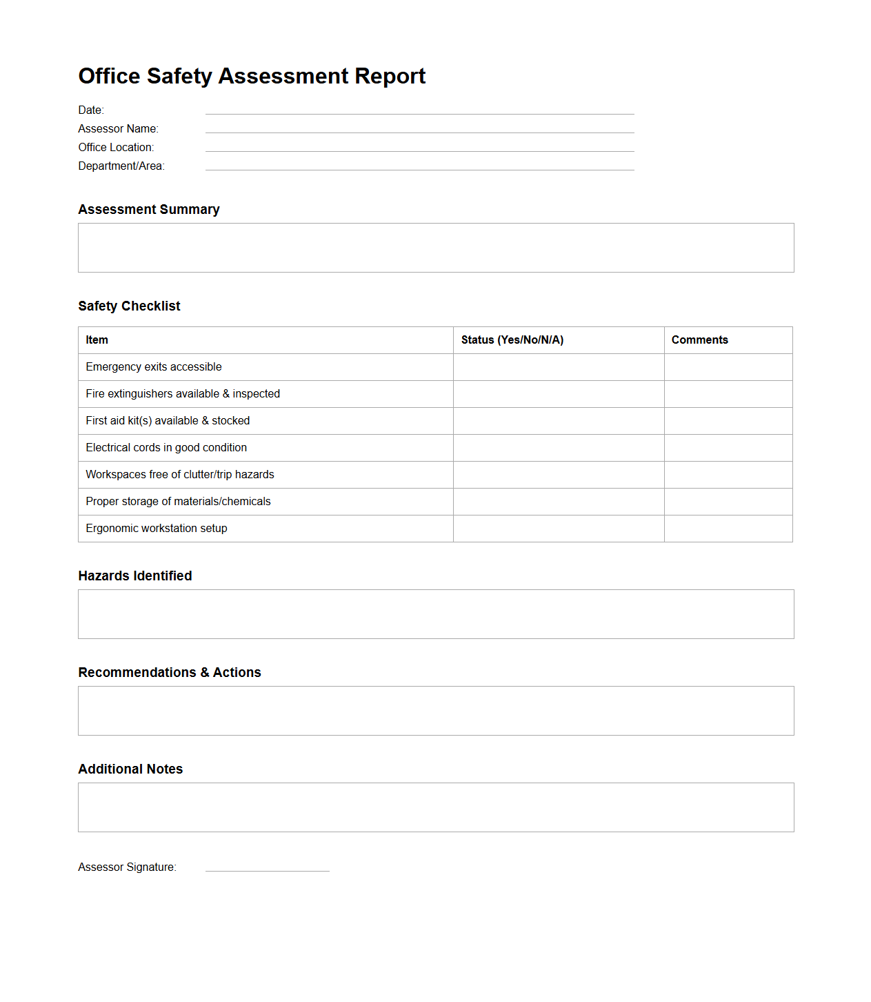 Blank Office Safety Assessment Report Template