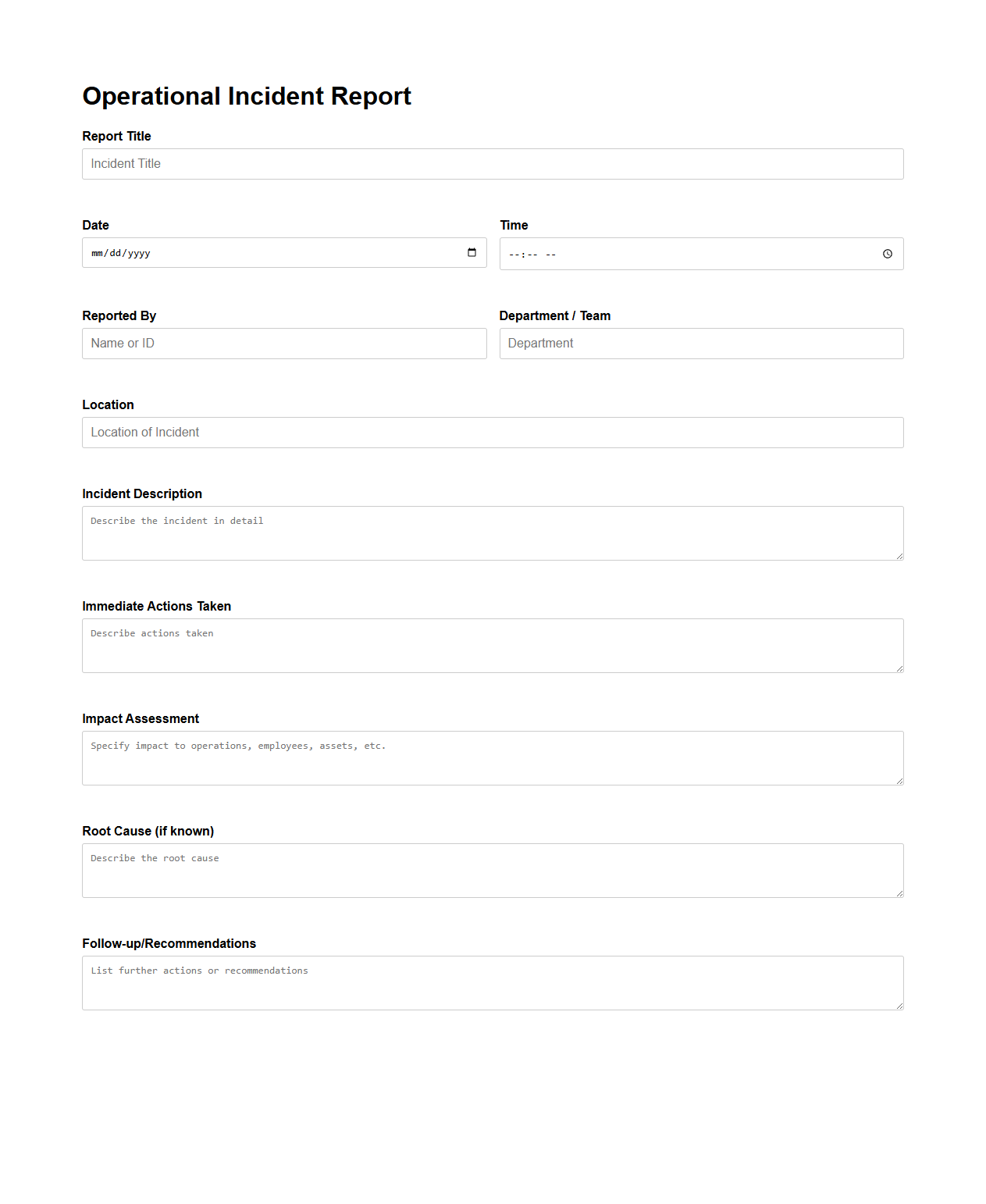 Blank Operational Incident Report Template