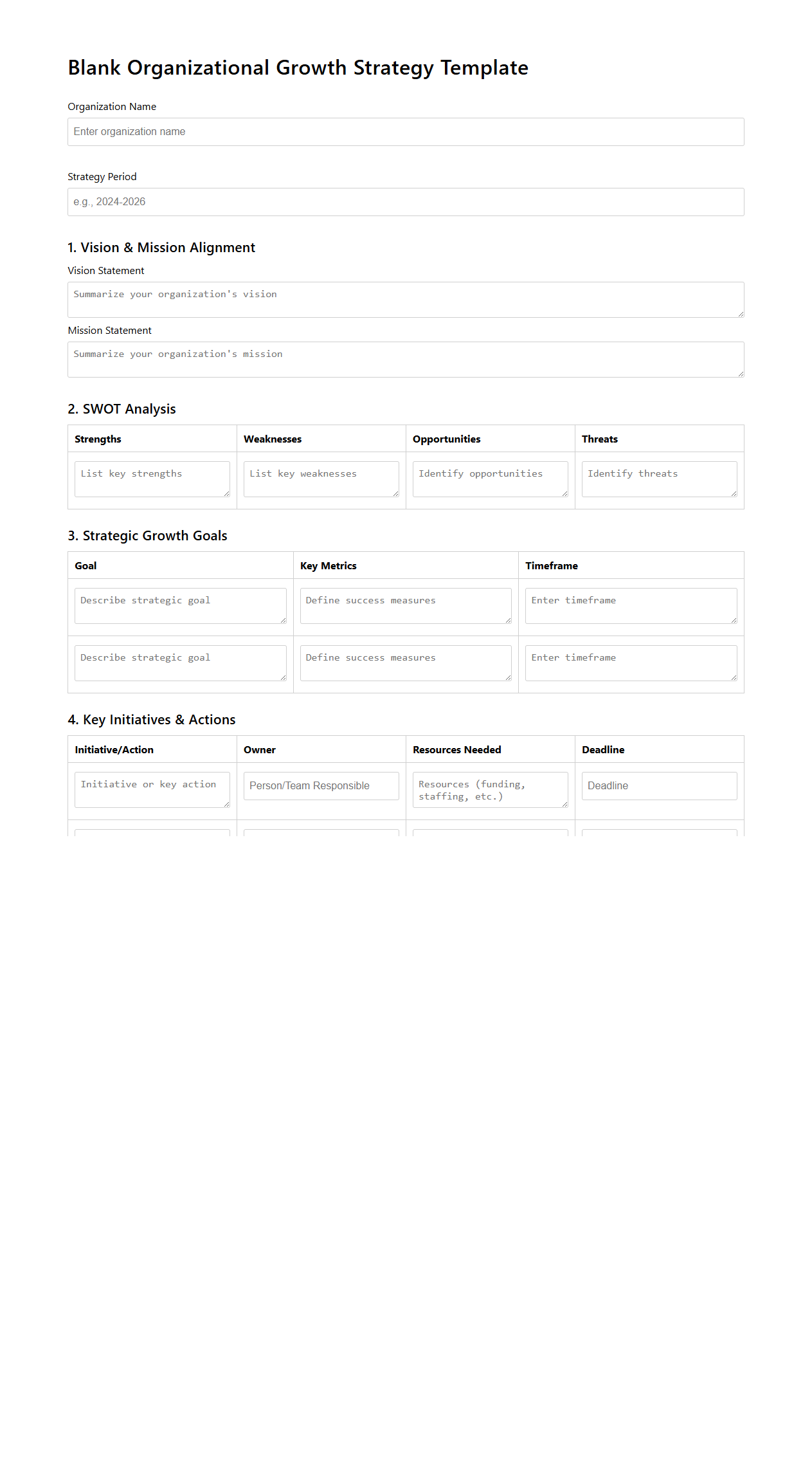 Blank Organizational Growth Strategy Template