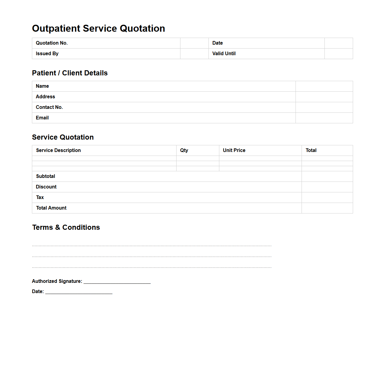 Blank Outpatient Service Quotation Template