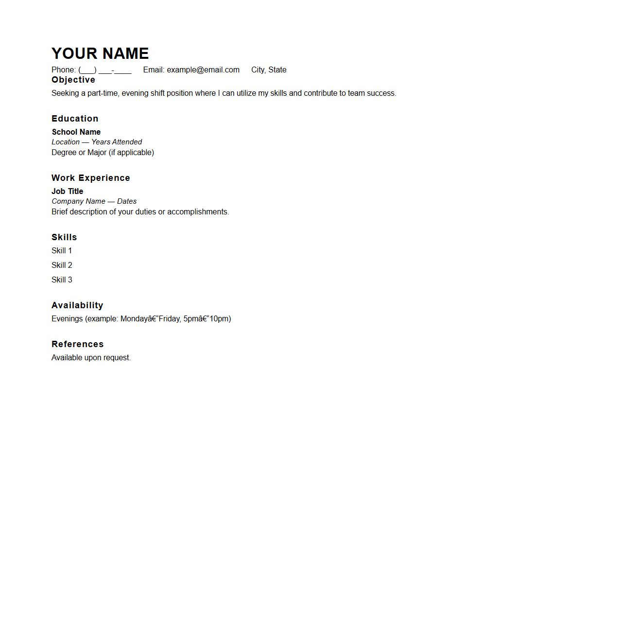 Blank Part-Time Resume Template for Evening Shifts