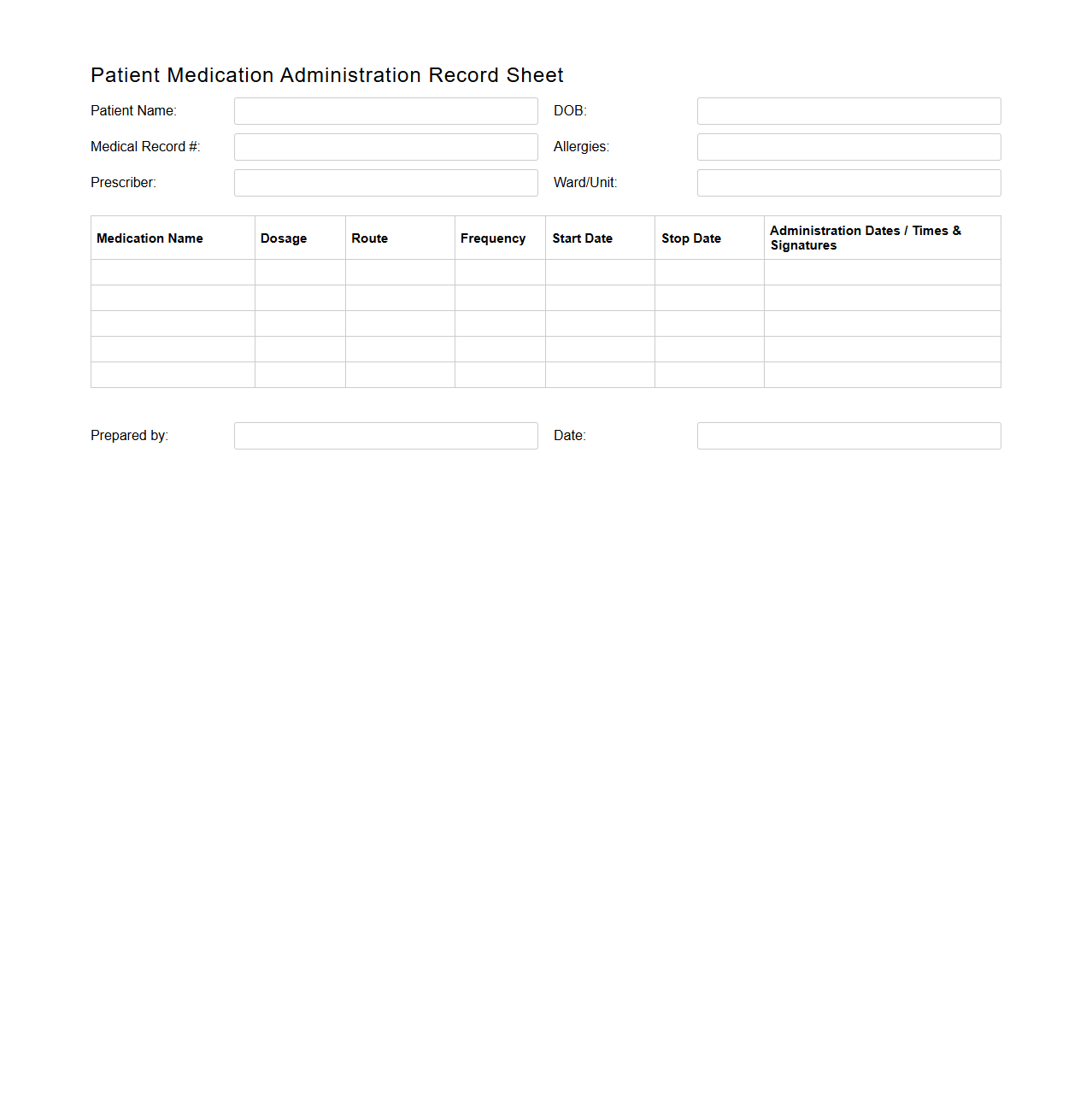 Blank Patient Medication Administration Record Sheet