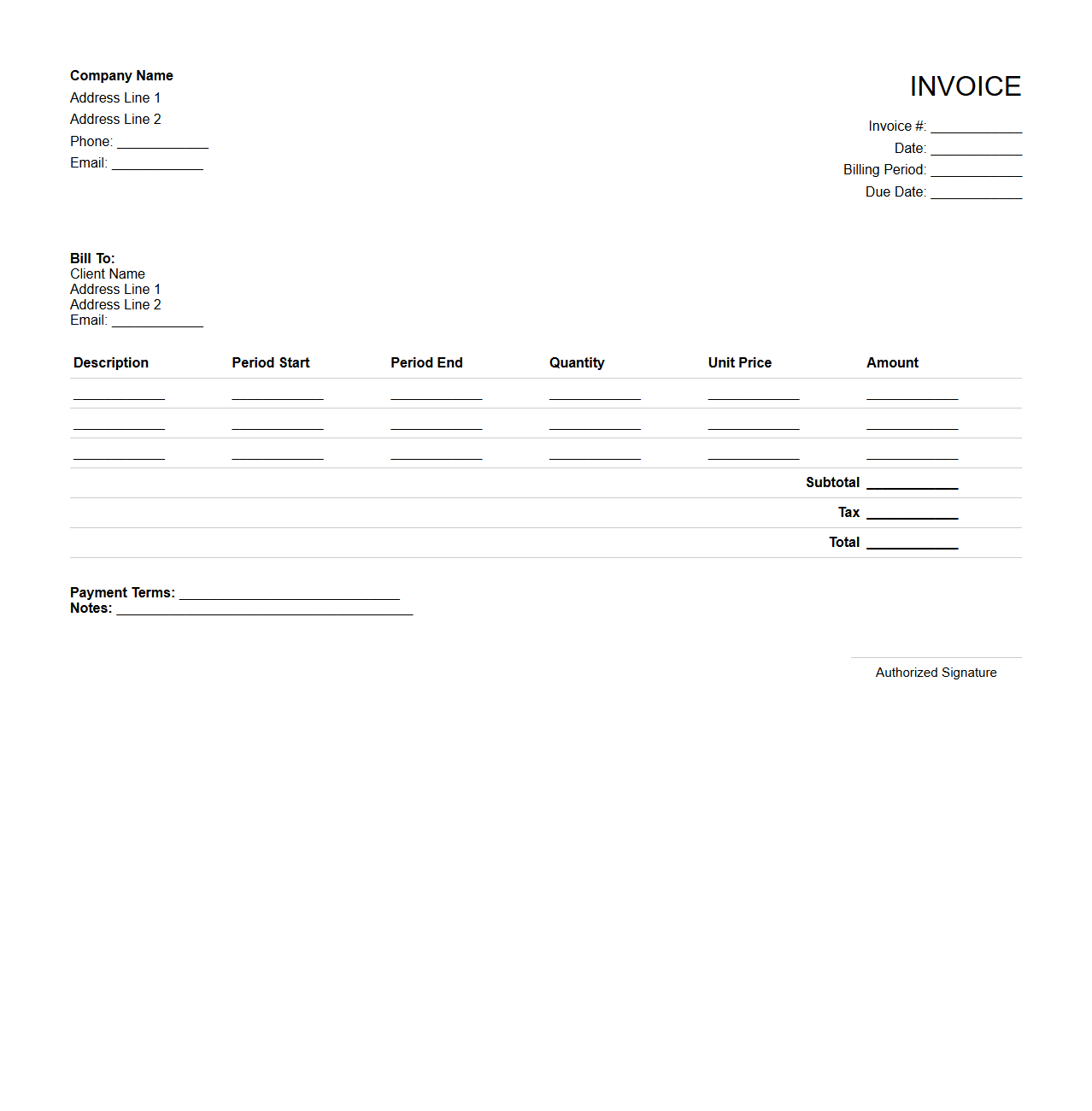 Blank Periodic Billing Invoice Template
