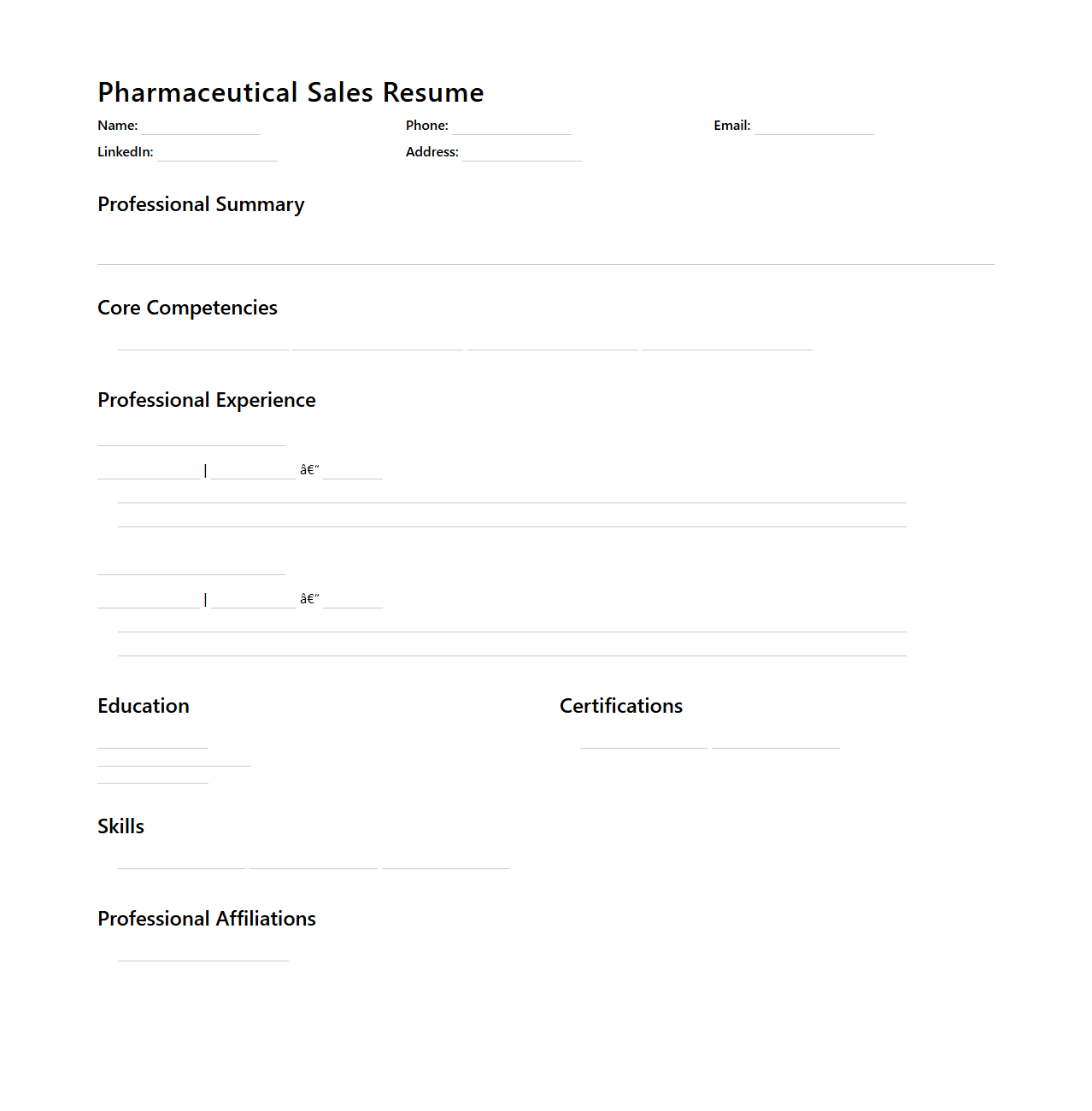 Blank Pharmaceutical Sales Resume Template for Healthcare Professionals