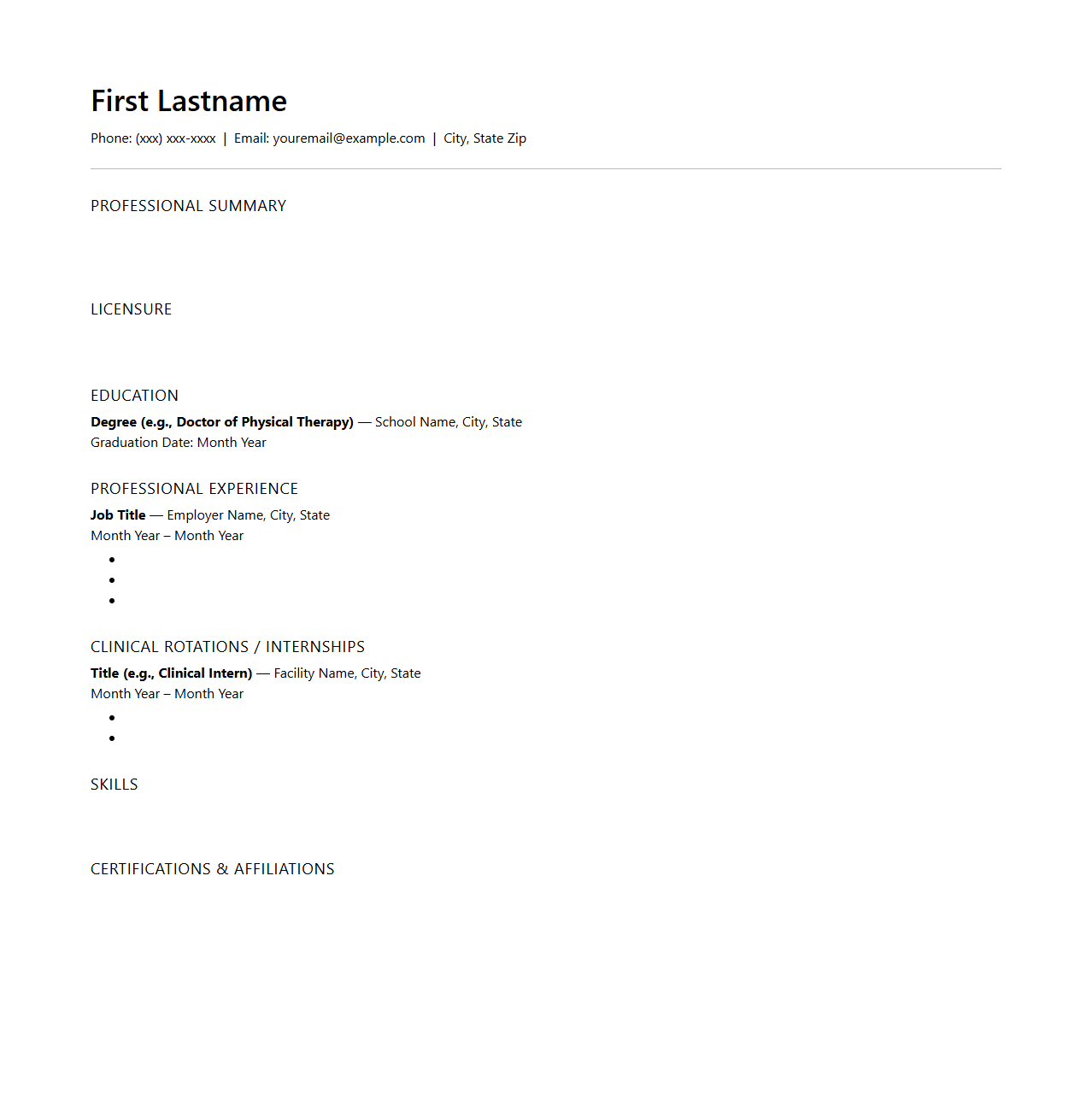 Blank Physical Therapist Resume Template