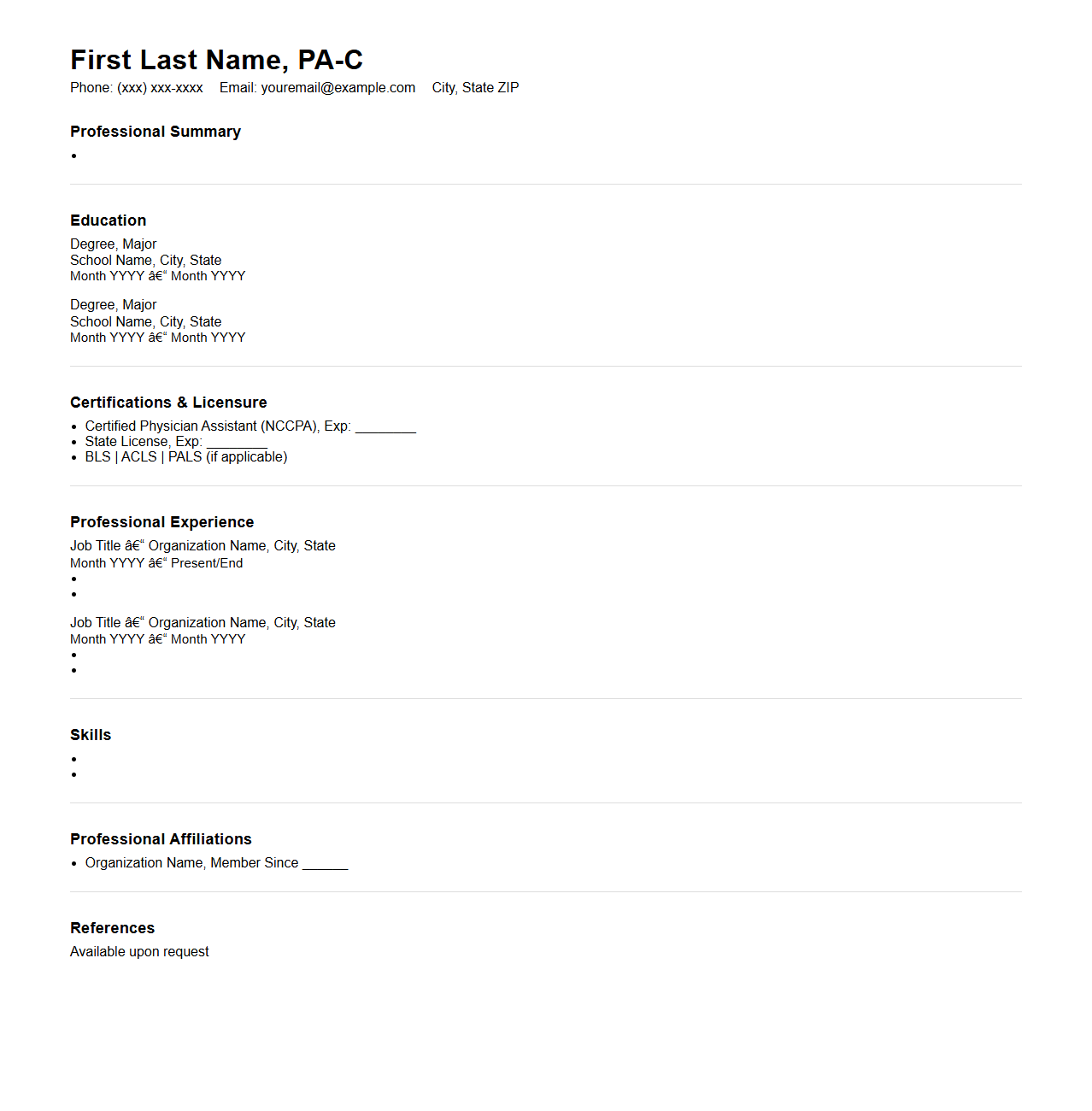 Blank Physician Assistant Resume Template