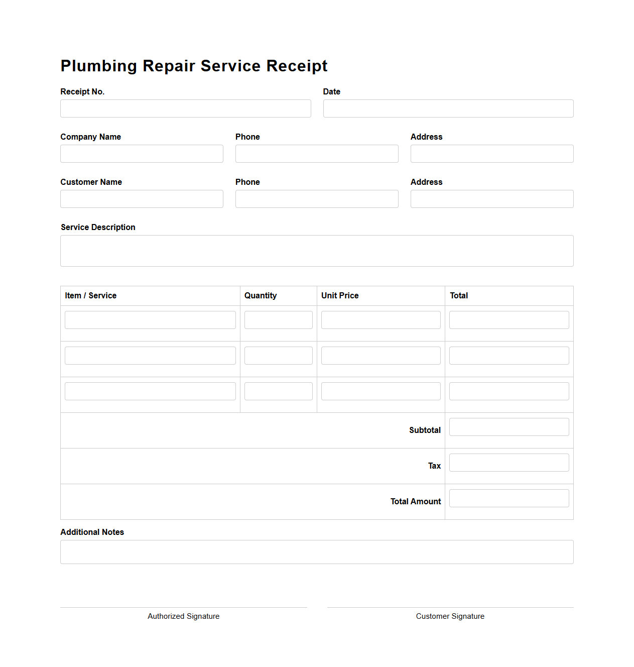 Blank Plumbing Repair Service Receipt Template